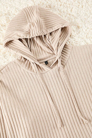 Kadın Moda Şık Kapüşonlu Boru Paça Uzun Kol Pamuklu Fitilli Örme Pijama Takımı