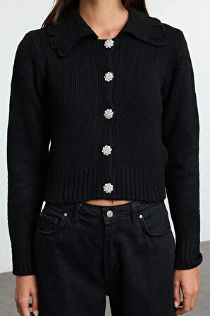 Kadın Moda Şık Polo Yaka Standart Kol Crop Yumuşak Dokulu Mücevher Düğmeli Triko Hırka
