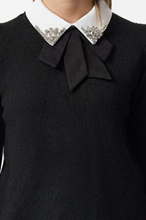 Kadın Moda Şık Polo Yaka Standart Kol Regular Yumuşak Dokulu Garnili Kurdeleli Taşlı Triko Kazak