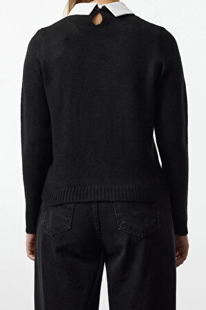 Kadın Moda Şık Polo Yaka Standart Kol Regular Yumuşak Dokulu Garnili Kurdeleli Taşlı Triko Kazak