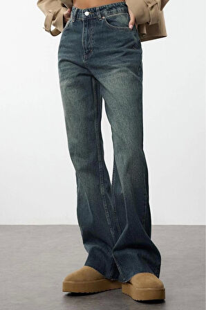 Kadın Moda Şık Kot Pantolon Geniş Paça Uzun Boy Denim Mavi Yüksek Bel Straight Jeans