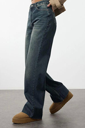 Kadın Moda Şık Kot Pantolon Geniş Paça Uzun Boy Denim Mavi Yüksek Bel Straight Jeans