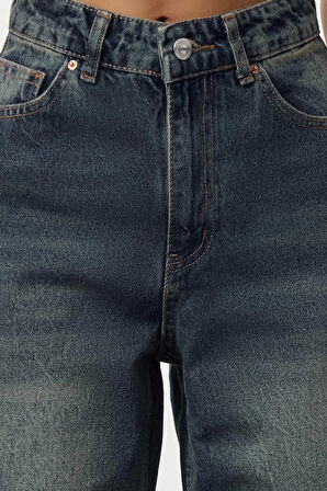 Kadın Moda Şık Kot Pantolon Geniş Paça Uzun Boy Denim Mavi Yüksek Bel Straight Jeans