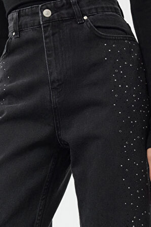 Kadın Moda Şık Kot Pantolon Geniş Paça Uzun Boy Denim Taşlı Yüksek Bel Jeans