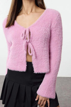 Kadın Moda Şık V Yaka Standart Kol Crop Tüylü Bağlama Detaylı Triko Hırka
