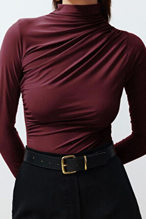 Kadın Moda Şık Üst Giyim Crop Dik Yaka Slim Kalıp Örme Büzgülü Kare Yaka Vücuda Oturan Esnek Bluz