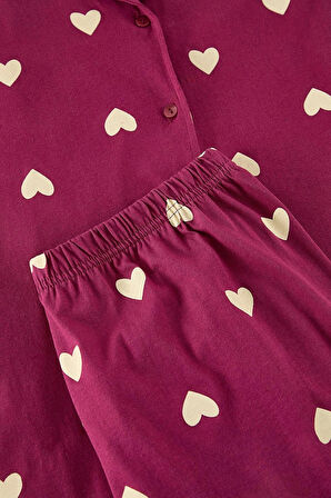 Kadın Moda Şık Büyük Beden Gömlek Yaka Geniş Paça Uzun Kol Vişne Kalpli Örme Pijama Takımı