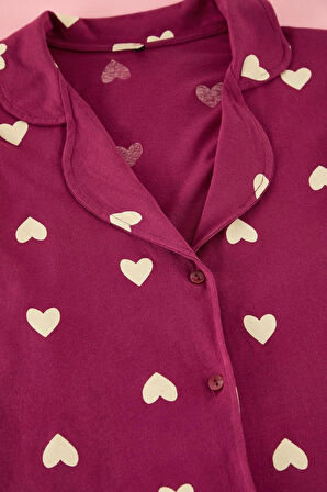 Kadın Moda Şık Büyük Beden Gömlek Yaka Geniş Paça Uzun Kol Vişne Kalpli Örme Pijama Takımı