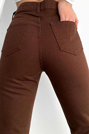Kadın Moda Şık Kot Pantolon Geniş Paça Uzun Boy Denim Kahverengi Yüksek Bel Jeans