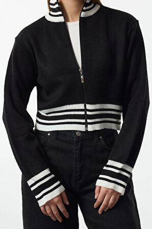 Kadın Moda Şık Dik Yaka Standart Kol Crop Renk Bloklu Triko Hırka
