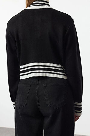 Kadın Moda Şık Dik Yaka Standart Kol Crop Renk Bloklu Triko Hırka