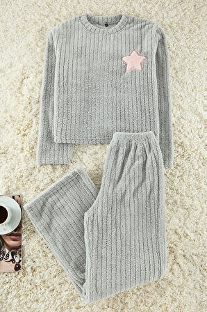 Kadın Bisiklet Yaka Boru Paça Uzun Kol Yıldız Nakışlı Çizgili Kışlık Wellsoft Örme Pijama Takımı