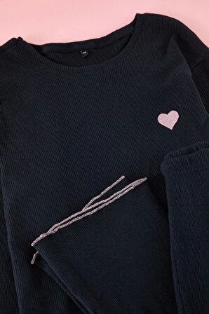 Kadın Moda Şık Büyük Beden Bisiklet Yaka Boru Paça Uzun Kol Fitilli Baskılı Örme Pijama Takımı