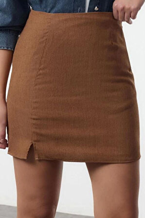Kadın Moda Stil Maxi Astarsız Dokuma Kadife Kumaş Yırtmaçlı Mini Boy Dokuma Etek