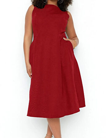 Yeni Rahat Gündüz Gece Krep Dokuma Bisiklet Yaka Askılı Kol A-Line Midi Boy Büyük Beden Elbise