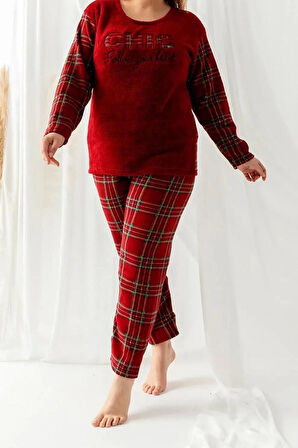 Kadın Moda Şık Büyük Beden Bisiklet Yaka Boru Paça Uzun Kol Christmas Desenli Örme Pijama Takımı