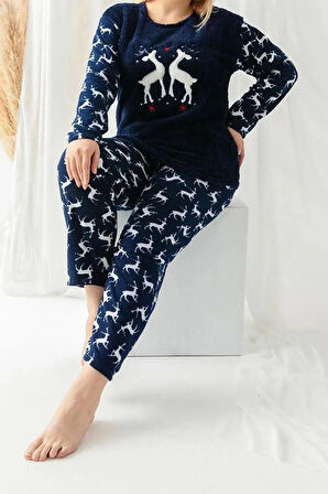 Kadın Moda Şık Büyük Beden Bisiklet Yaka Boru Paça Uzun Kol Christmas Desenli Örme Pijama Takımı