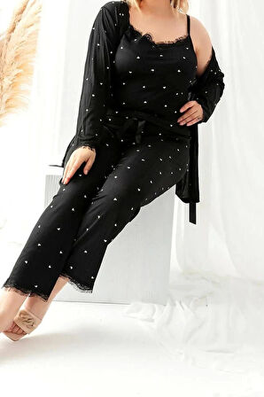 Kadın Büyük Beden Boru Paça Askılı Kol Leopar Desenli 3lü Paket Dantelli Örme Pijama Takımı