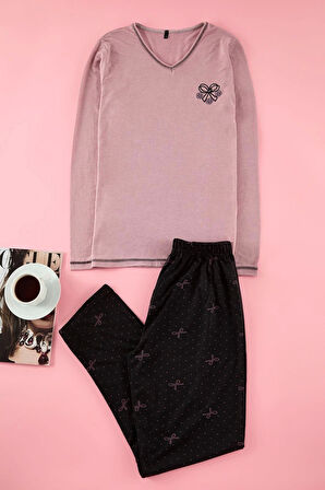 Kadın Moda Şık V Yaka Boru Paça Uzun Kol Pijama Takımı