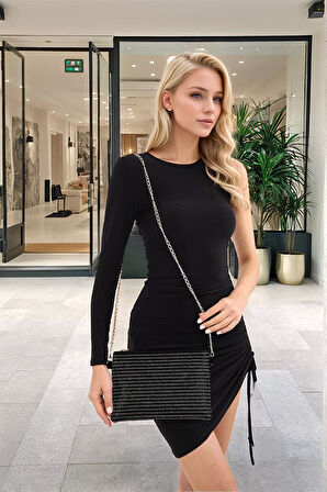 Şık Damla Taş Detaylı Clutch El ve Omuz Çantası Zincir Askılı Dayanıklı Malzeme Seçkin Malzeme