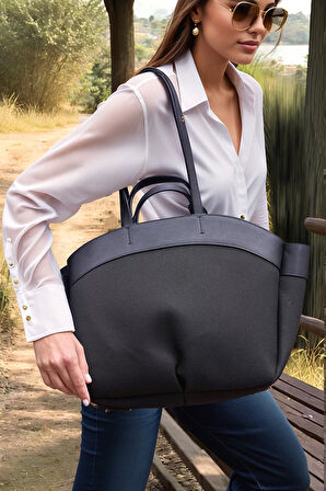 Kadın Büyük Tote Çanta Suni Deri Detaylı Geniş Hacimli Omuz Çantası Modern Stil Özel Tasarım