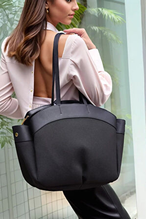 Kadın Büyük Tote Çanta Suni Deri Detaylı Geniş Hacimli Omuz Çantası Modern Stil Özel Tasarım