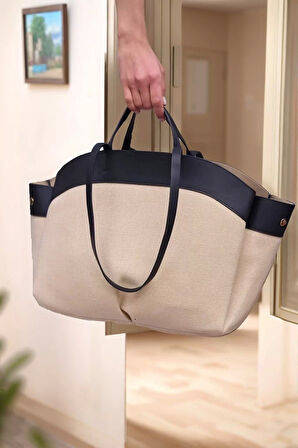 Kadın Büyük Tote Çanta Suni Deri Detaylı Geniş Hacimli Omuz Çantası Modern Stil Özel Tasarım