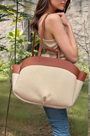Kadın Büyük Tote Çanta Suni Deri Detaylı Geniş Hacimli Omuz Çantası Modern Stil Özel Tasarım