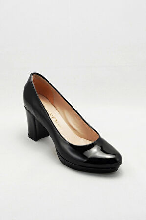 Kadın Moda Şık Siyah Rugan Topuklu Ayakkabı Topuklu Düğün Nişan Gece Abiye Ayakkabısı