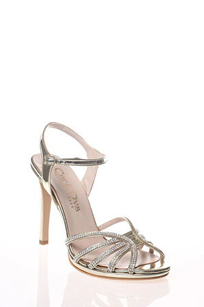 Kadın Moda Şık Gold Ayna Beş Taş Topuklu Zarif Tasarım Düğün Nişan Gece Abiye Ayakkabısı