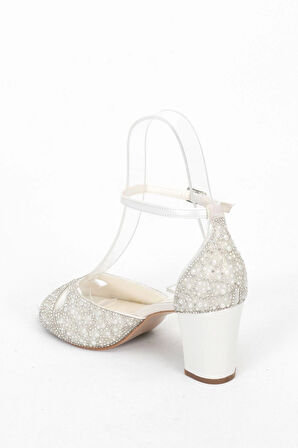 Kadın Moda Şık Sedef İnci Taşlı Topuklu Ayakkabı Zarif Tasarım Düğün Nişan Gece Abiye Ayakkabısı