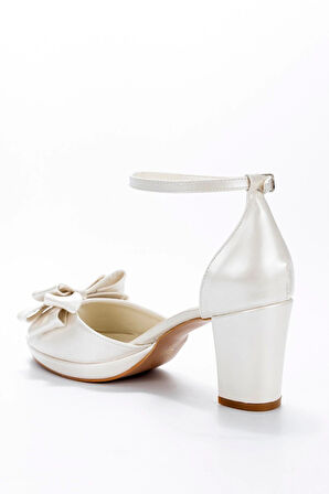 Kadın Moda Şık Beyaz Sedef Cilt Fiyonk Topuklu Zarif Tasarım Düğün Nişan Gece Abiye Ayakkabısı
