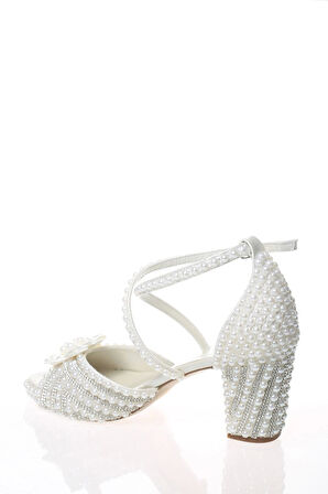 Kadın Moda Beyaz Sedef İnci Taş İşlemeli Gelin Ayakkabı Topuklu Düğün Nişan Gece Abiye Ayakkabısı