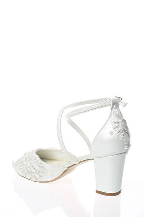 Kadın Moda Şık Sedef İnci Taş İşlemeli Gelin Ayakkabı Topuklu Düğün Nişan Gece Abiye Ayakkabısı