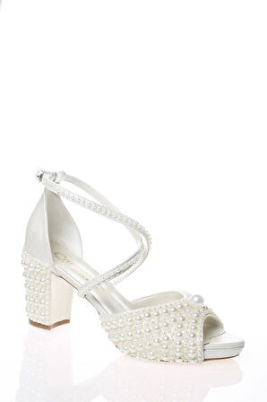 Kadın Moda Şık Sedef İnci Taş İşlemeli Gelin Ayakkabı Topuklu Düğün Nişan Gece Abiye Ayakkabısı