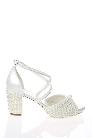 Kadın Moda Şık Sedef İnci Taş İşlemeli Gelin Ayakkabı Topuklu Düğün Nişan Gece Abiye Ayakkabısı