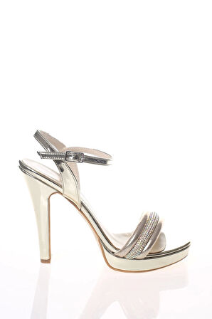 Kadın Moda Şık Gold Ayna Sıra Taşlı Topuklu Zarif Tasarım Düğün Nişan Gece Abiye Ayakkabısı