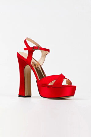 Kadın Moda Şık Kırmızı Saten Klasik Ayakkabı Kalın Aynalı Ökçe Düğün Nişan Gece Abiye Ayakkabısı