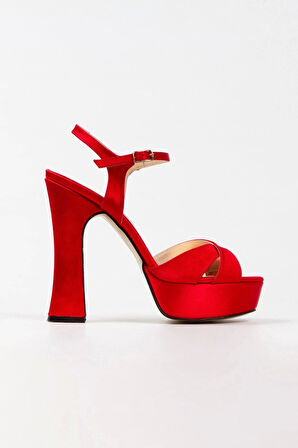 Kadın Moda Şık Kırmızı Saten Klasik Ayakkabı Kalın Aynalı Ökçe Düğün Nişan Gece Abiye Ayakkabısı