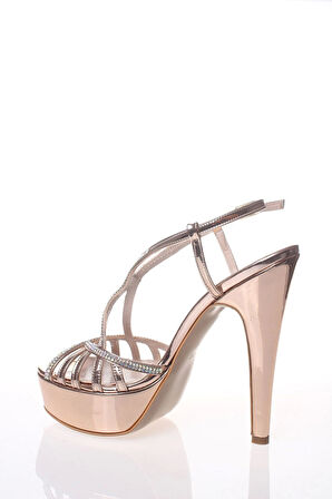 Kadın Moda Şık Gold Ayna Dekolte Taşlı Topuklu Zarif Tasarım Düğün Nişan Gece Abiye Ayakkabısı