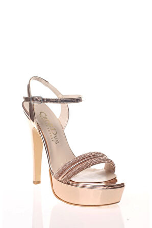 Kadın Moda Şık Platin Ayna Double Taş Topuklu Zarif Tasarım Düğün Nişan Gece Abiye Ayakkabısı