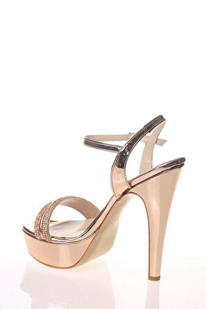 Kadın Moda Şık Platin Ayna Double Taş Topuklu Zarif Tasarım Düğün Nişan Gece Abiye Ayakkabısı