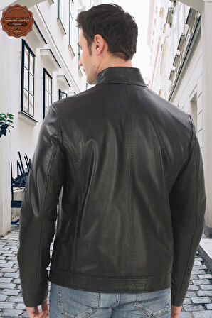 Hakiki Kuzu Derisi Dik Yaka Ceket Siyah Fermuarlı Şık El Yapımı Derimont Günlük