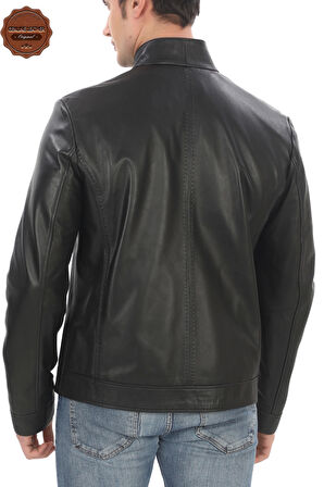 Hakiki Kuzu Derisi Dik Yaka Ceket Siyah Fermuarlı Şık El Yapımı Derimont Günlük