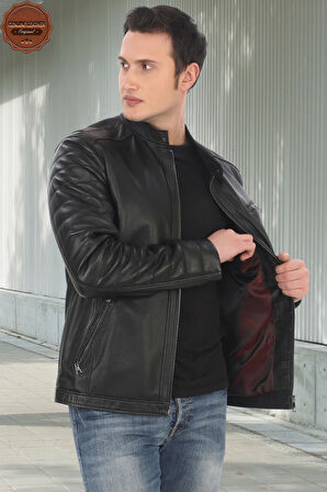 Hakiki Kuzu Derisi Ceket Siyah Biker Mont Kapitone Kollu Slim Fit El Yapımı Derimont