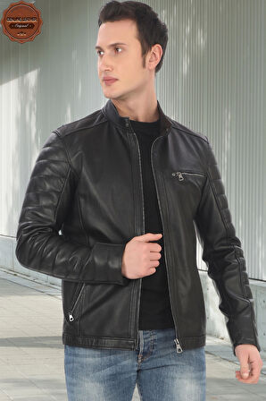 Hakiki Kuzu Derisi Ceket Siyah Biker Mont Kapitone Kollu Slim Fit El Yapımı Derimont