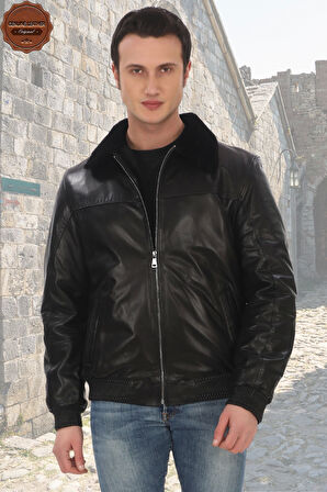 Erkek Hakiki Kuzu Derisi Derimont Siyah Kürklü Bomber Dericeket Kışlık Sıcak ve Şık