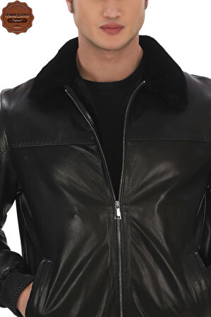 Erkek Hakiki Kuzu Derisi Derimont Siyah Kürklü Bomber Dericeket Kışlık Sıcak ve Şık