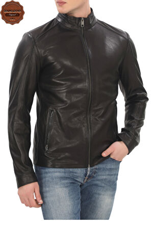 Erkek Hakiki Kuzu Derisi Derimont Ceket Slim Fit Siyah Fermuarlı