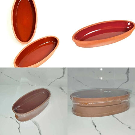 Toprak İçi Sırlı 27 Cm Oval 2'li Güveç Tava Orta Boy Balık Mantar Yemek Tavası